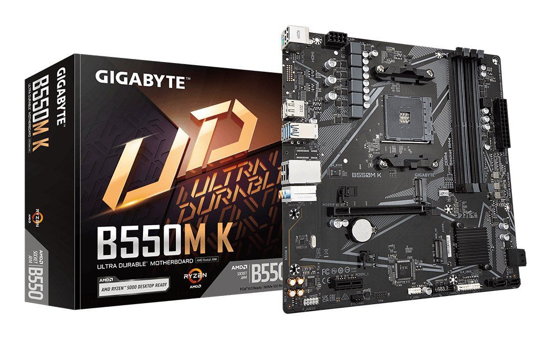 GIGABYTE B550M K Motherboard - AMD Ryzen 5000 CPUs, up to 4733MHz DDR4, 1xPCIe 4.0 + 1xPCIe 3.0 M.2, 1GbE LAN, USB 3.2 Gen 1 - Image 1