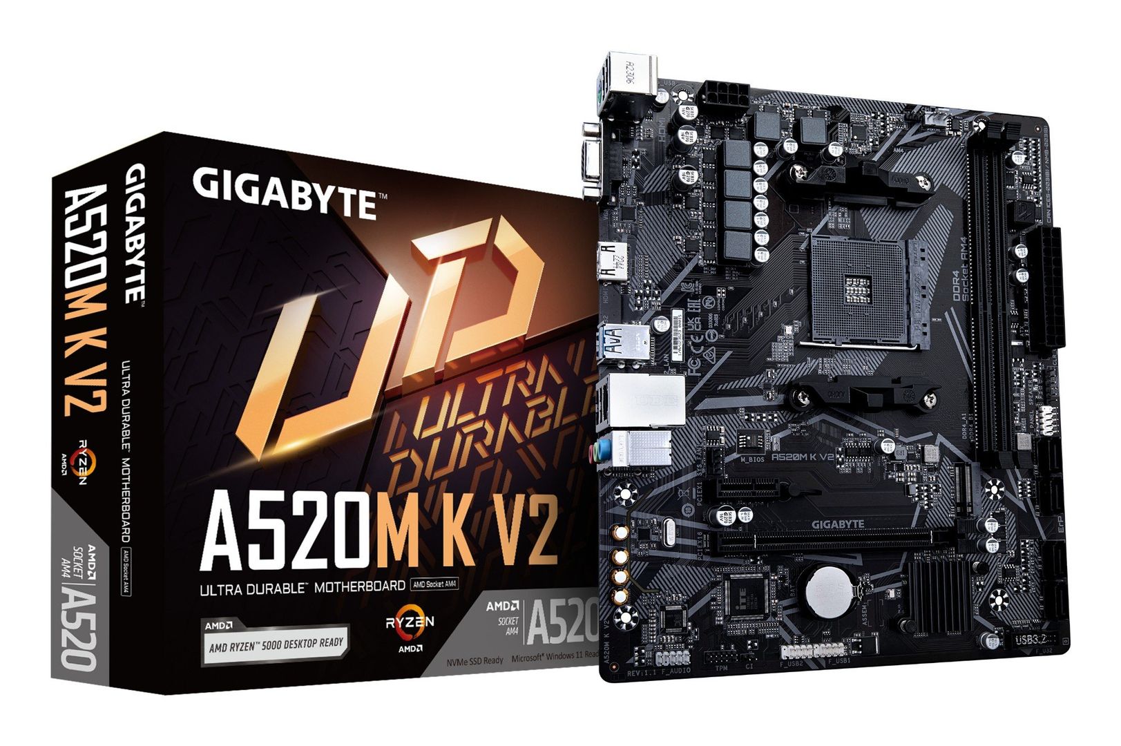 GIGABYTE A520M K V2 Motherboard - Supports AMD Ryzen 5000 Series AM4 CPUs, up to 5100MHz DDR4 (OC), PCIe Gen3 x4 M.2, GbE LAN, USB 3.2 Gen 1 - Image 1
