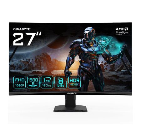 GIGABYTE GS27FC 27" FHD Curved Gaming Monitor - 1920 x 1080, 180Hz, 1, 250 cd/m², FreeSync Premium, HDR Ready, HDMI 2.0, Displayport 1.4