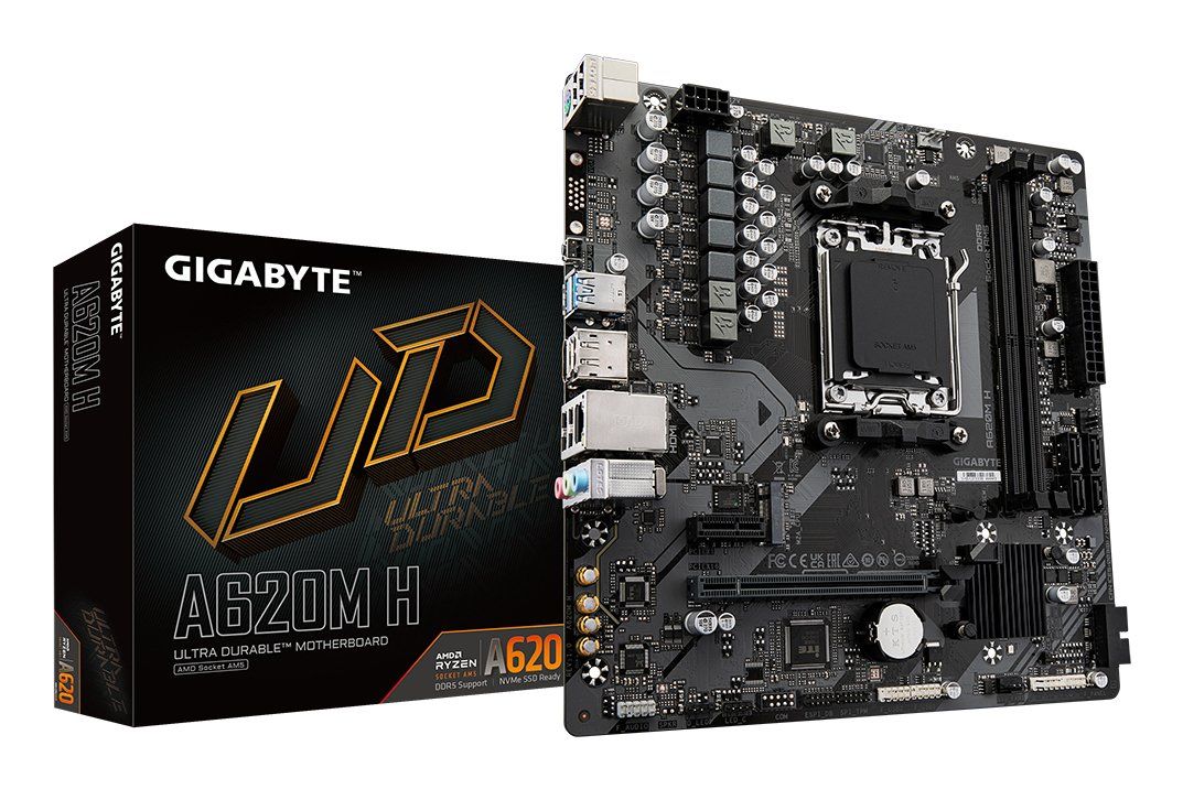 GIGABYTE A620M H Motherboard - Supports AMD Ryzen 8000 CPUs, 5+2+2 Phases Digital VRM, up to 7200MHz DDR5 (OC), 1xPCIe 4.0 M.2, GbE LAN, USB 3.2 Gen 1 - Image 1