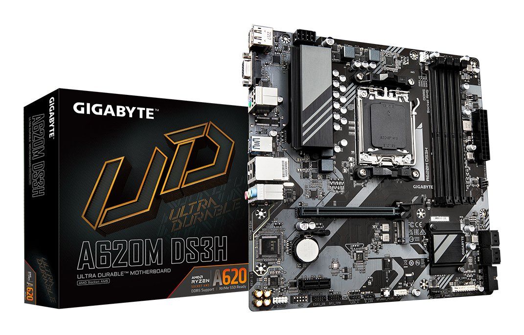 GIGABYTE A620M DS3H Motherboard - Supports AMD Ryzen 8000 CPUs, 5+2+2 Phases Digital VRM, up to 7600MHz DDR5 (OC), 1xPCIe 4.0 M.2, GbE LAN, USB 3.2 Gen 1 - Image 1