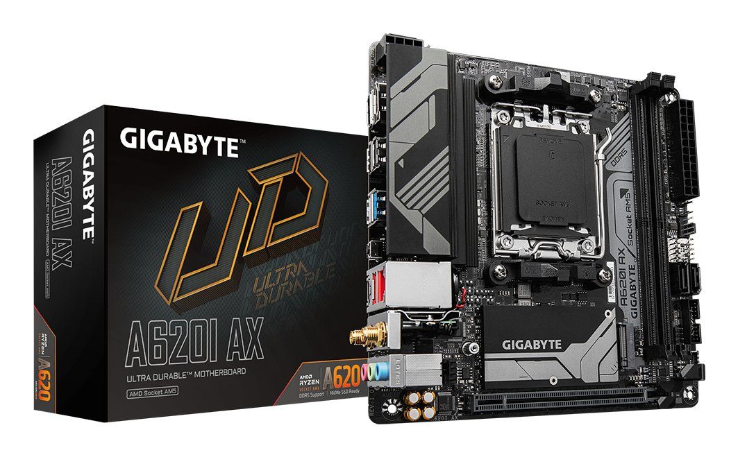 GIGABYTE A620I AX Motherboard - Supports AMD Ryzen 8000 CPUs, 5+2+1 Phases Digital VRM, up to 6400MHz DDR5 (OC), 1xPCIe 4.0 M.2, Wi-Fi 6E, 2.5GbE LAN, USB 3.2 Gen 2 - Image 1