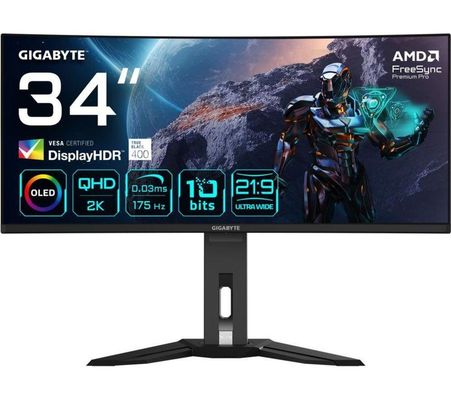GIGABYTE MO34WQC 34" OLED WQHD Curved Gaming Monitor - 3440 x 1440 175Hz 0.03ms KVM 250 cd/m FreeSync Premium Pro DisplayHDR True Black 400 HDMI 2.1 Displayport 1.4