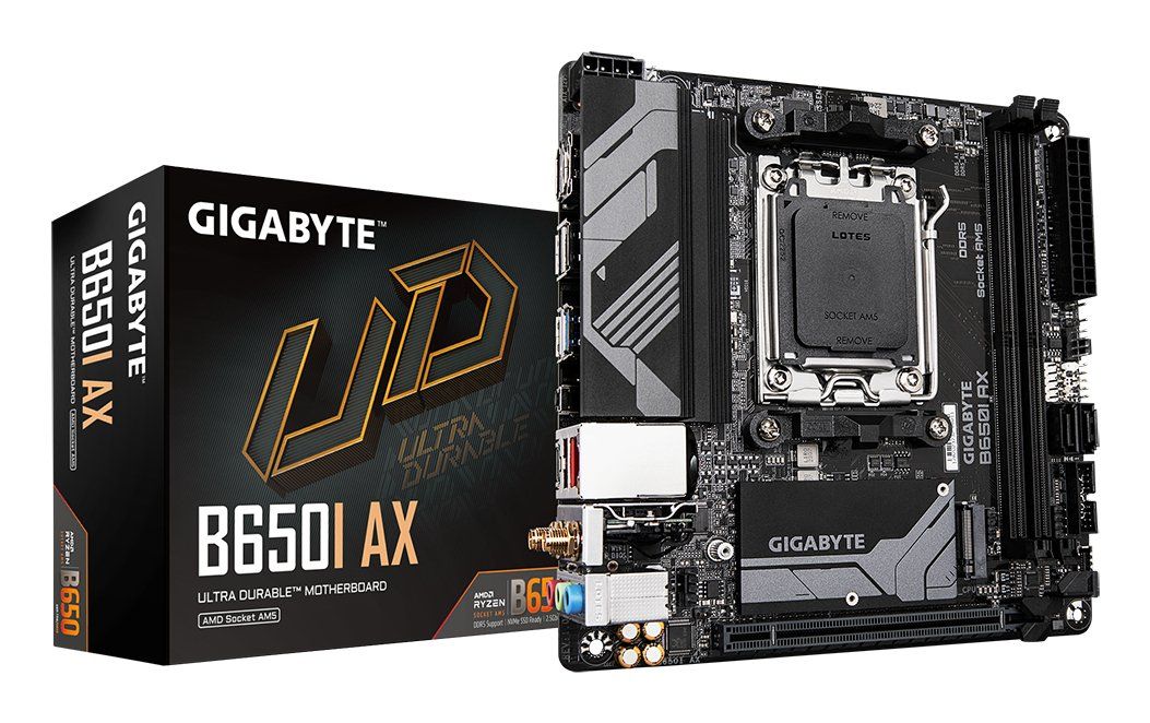 GIGABYTE B650I AX Motherboard - AMD Ryzen 9000 Series CPUs, 5+2+1 Phases VRM, up to 6400MHz DDR5 (OC), 1xPCIe 4.0 M.2, 2.5GbE LAN, WIFI 6E, USB 3.2 Gen 2 - Image 1