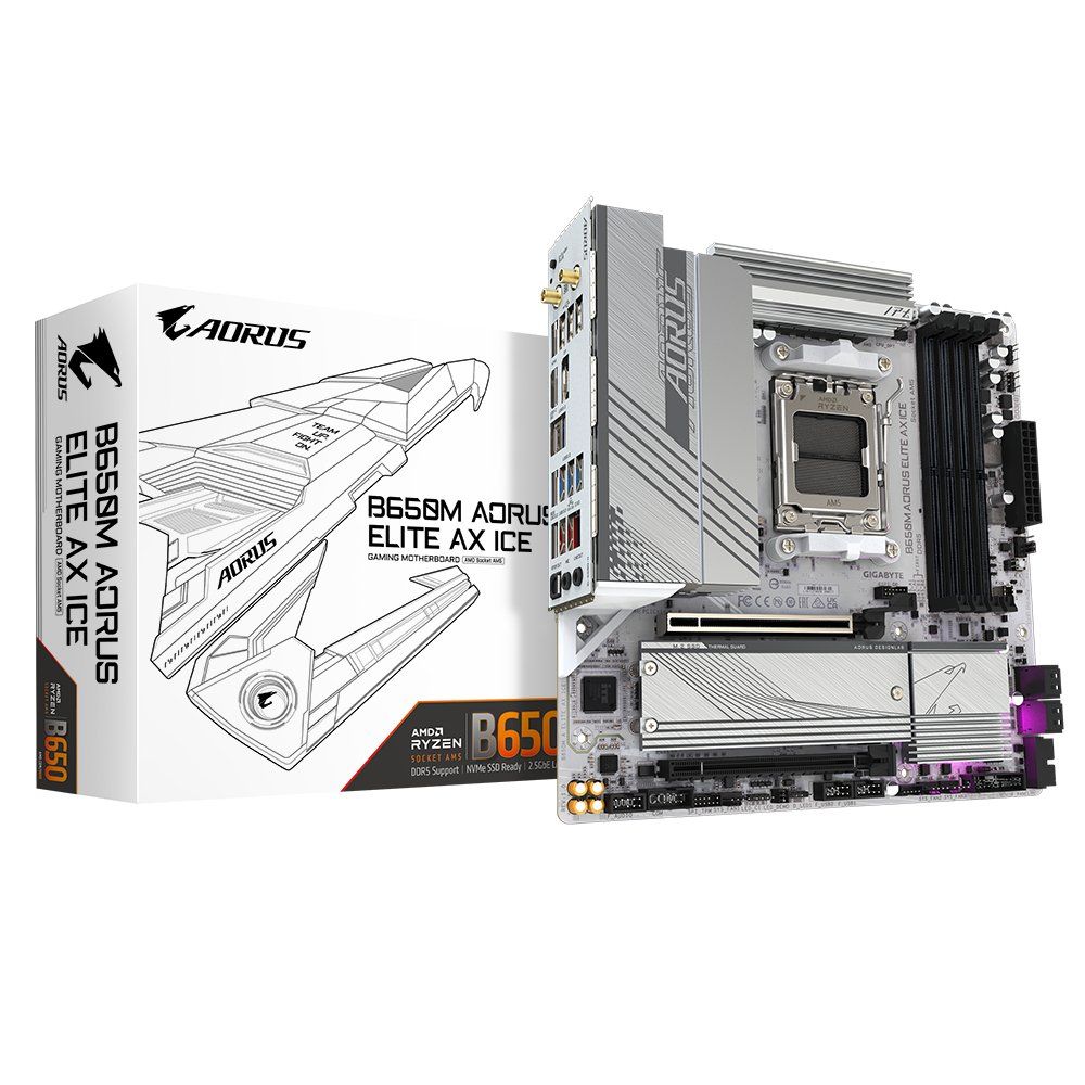 GIGABYTE B650M AORUS ELITE AX ICE Motherboard - AMD Ryzen 9000 Series CPUs, 12+2+2 Phases VRM, up to 8000MHz DDR5 (OC), 1xPCIe 5.0 + 1xPCIe 4.0 M.2, 2.5GbE LAN, WIFI 6E, USB 3.2 Gen 2x2 - Image 1