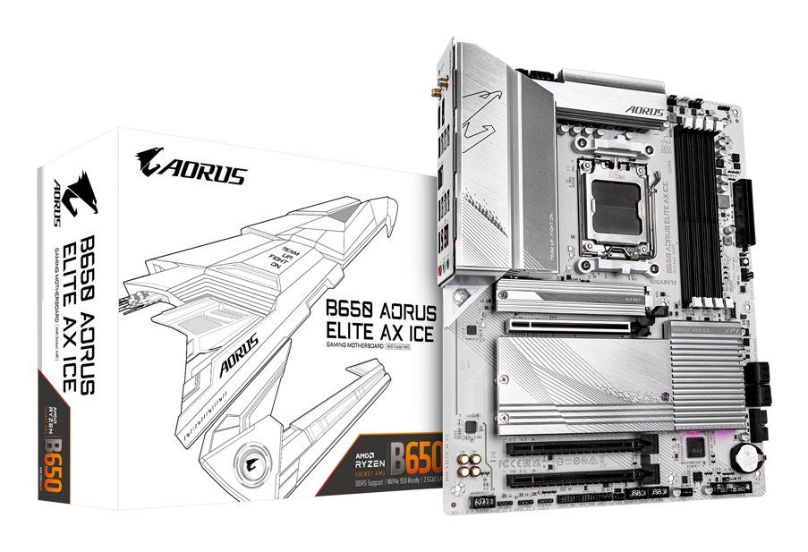 GIGABYTE B650 AORUS ELITE AX ICE Motherboard - Supports AMD Ryzen 9000 CPUs, 12+2+2 Phases Digital VRM, up to 8000MHz DDR5 (OC), 1xPCIe 5.0 + 2xPCIe 4.0 M.2, Wi-Fi 6E, 2.5GbE LAN, USB 3.2 Gen 2x2 - Image 1