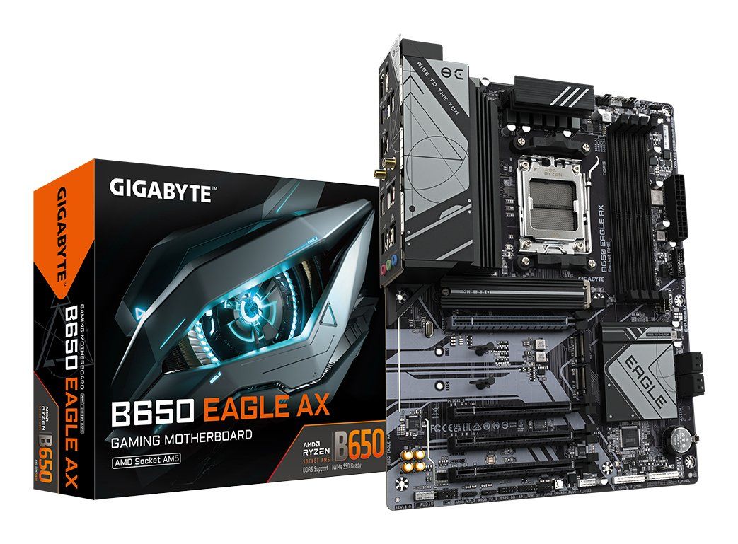 GIGABYTE B650 EAGLE AX Motherboard - AMD Ryzen 9000 Series CPUs, 12+2+2 Phases VRM, up to 7600MHz DDR5 (OC), 1xPCIe 5.0 + 2xPCIe 4.0 M.2, GbE LAN, WIFI 6E, USB 3.2 Gen 2 - Image 1