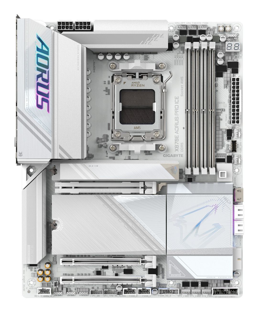 GIGABYTE X870E AORUS PRO ICE Motherboard - Supports AMD Ryzen 9000 CPUs, 16+2+2 Phases Digital VRM, up to 8000MHz DDR5 (OC), 3xPCIe 5.0 + 1xPCIe 4.0, Wi-Fi 7, 2.5GbE LAN, USB 4 - Image 1
