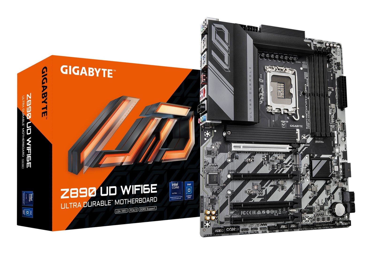 GIGABYTE Z890 UD WIFI6E Motherboard - Supports Intel Core Ultra (Series 2) CPUs, 12+1+2 phases VRM, up to 8800MHz DDR5 (OC), 1xPCIe 5.0 + 2xPCIe 4.0, Wi-Fi 6E, 2.5GbE LAN, USB 4 - Image 1