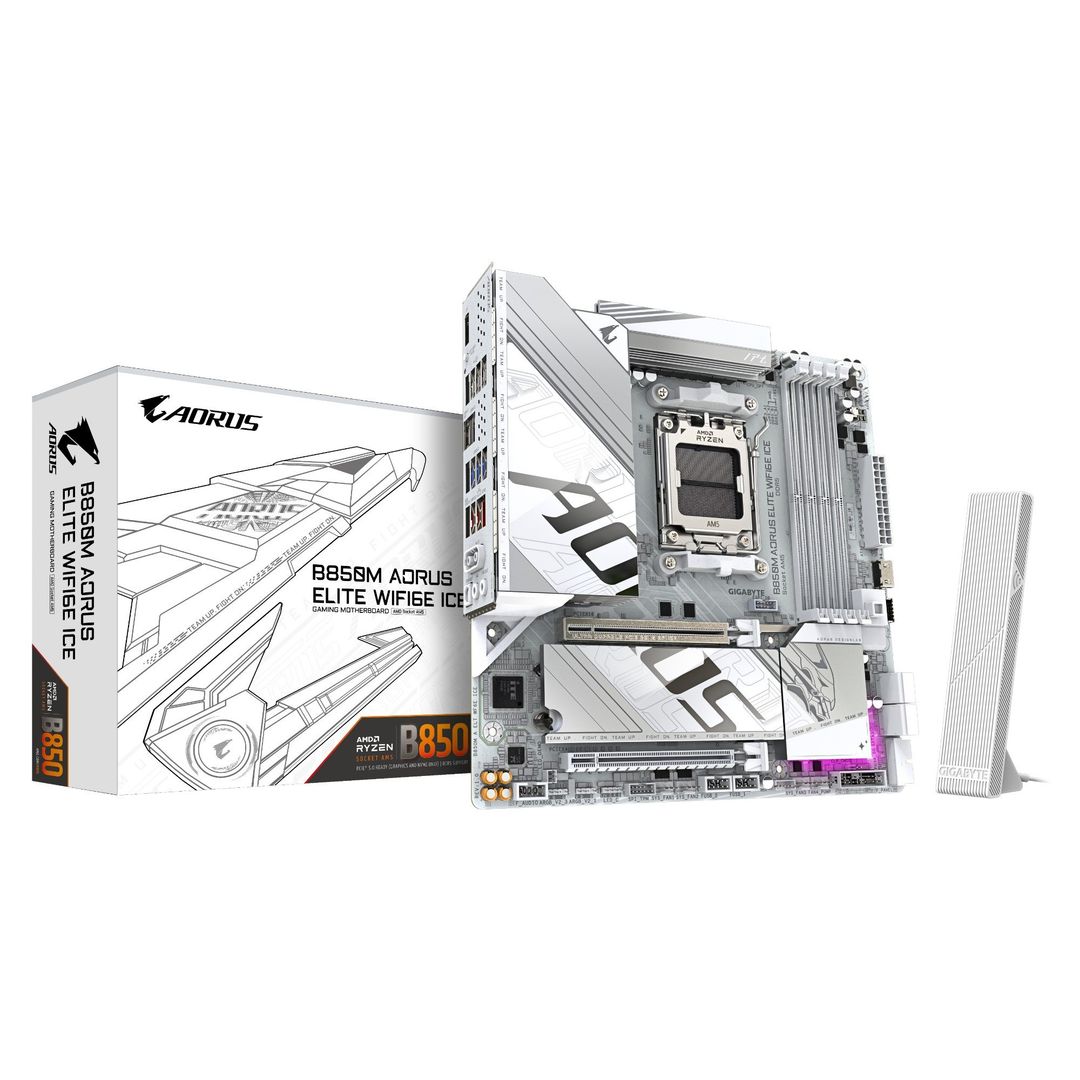 GIGABYTE B850M AORUS ELITE WIFI6E ICE Motherboard- AMD Ryzen 9000 Series CPUs, 12+2+1 Phases Digital VRM, up to 8200MHz DDR5 (OC), 1xPCIe 5.0 + 1xPCIe 4.0 M.2, 2.5LAN, WIFI 7, USB 3.2 Gen 2 - Image 1