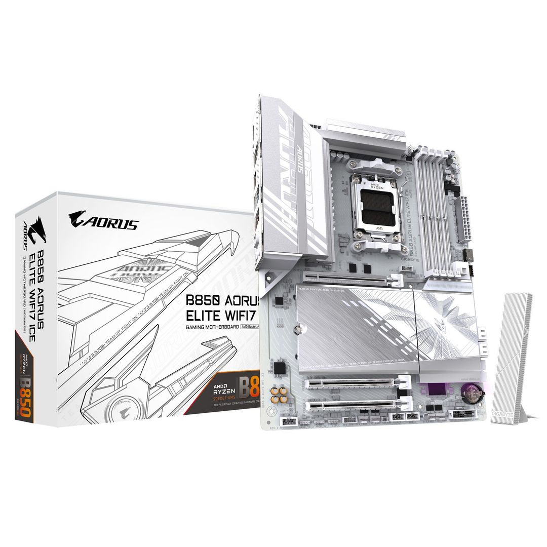 GIGABYTE B850 AORUS ELITE WIFI7 ICE Motherboard - AMD Ryzen 9000 Series CPUs, 14+2+2 Phases Digital VRM, up to 8200MHz DDR5 (OC), 1xPCIe 5.0 + 2xPCIe 4.0 M.2, 2.5 LAN, WIFI 7, USB 3.2 Gen 2x2 - Image 1