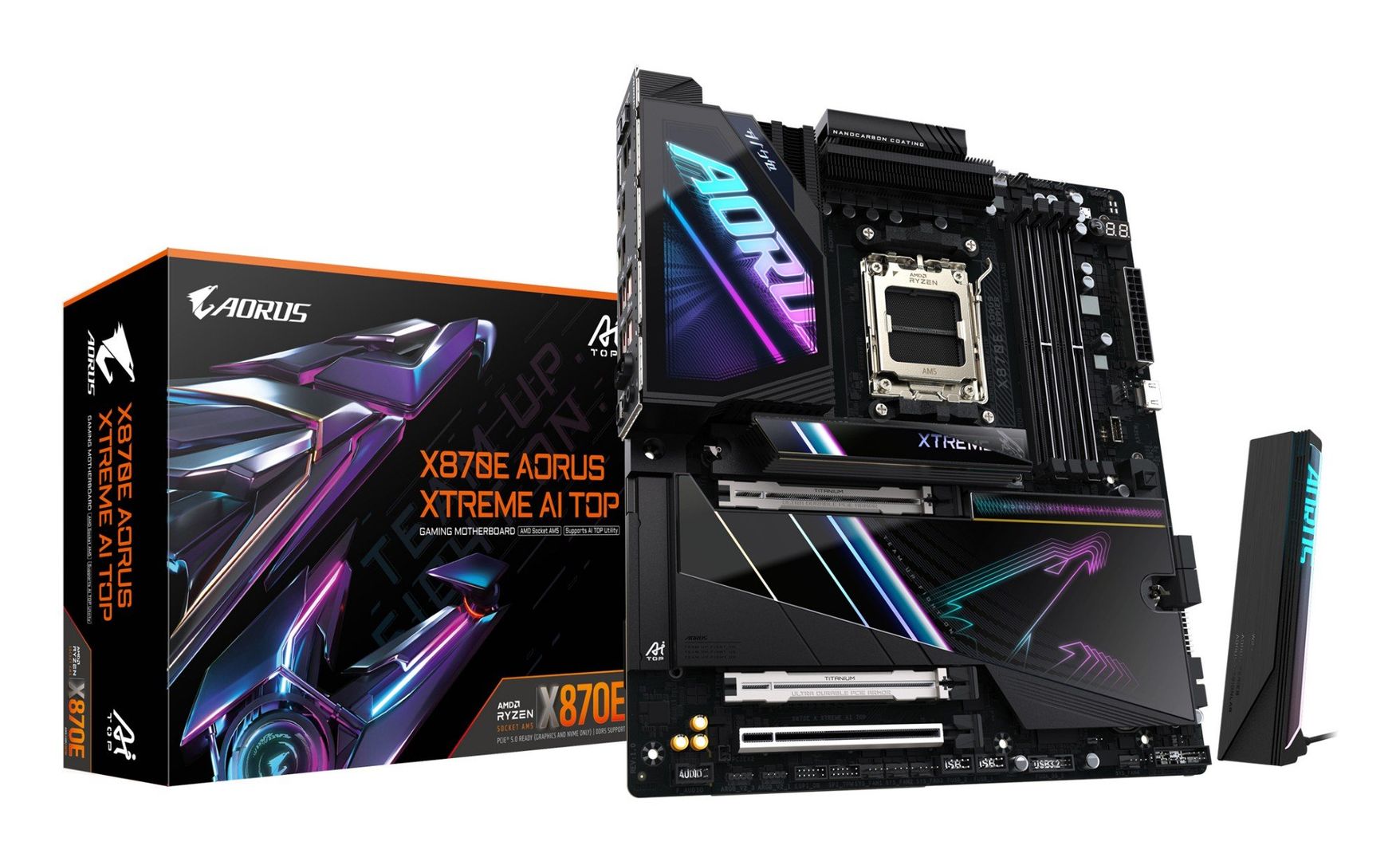 GIGABYTE X870E AORUS XTREME AI TOP Motherboard - Supports AMD Ryzen 9000 Series CPUs, 18+2+2 phases VRM, up to 8800MHz DDR5 (OC), 1xPCIe 5.0 M.2 + 3xPCIe 4.0 M.2, WI-FI 7, 10GbE LAN, USB 4 - Image 1