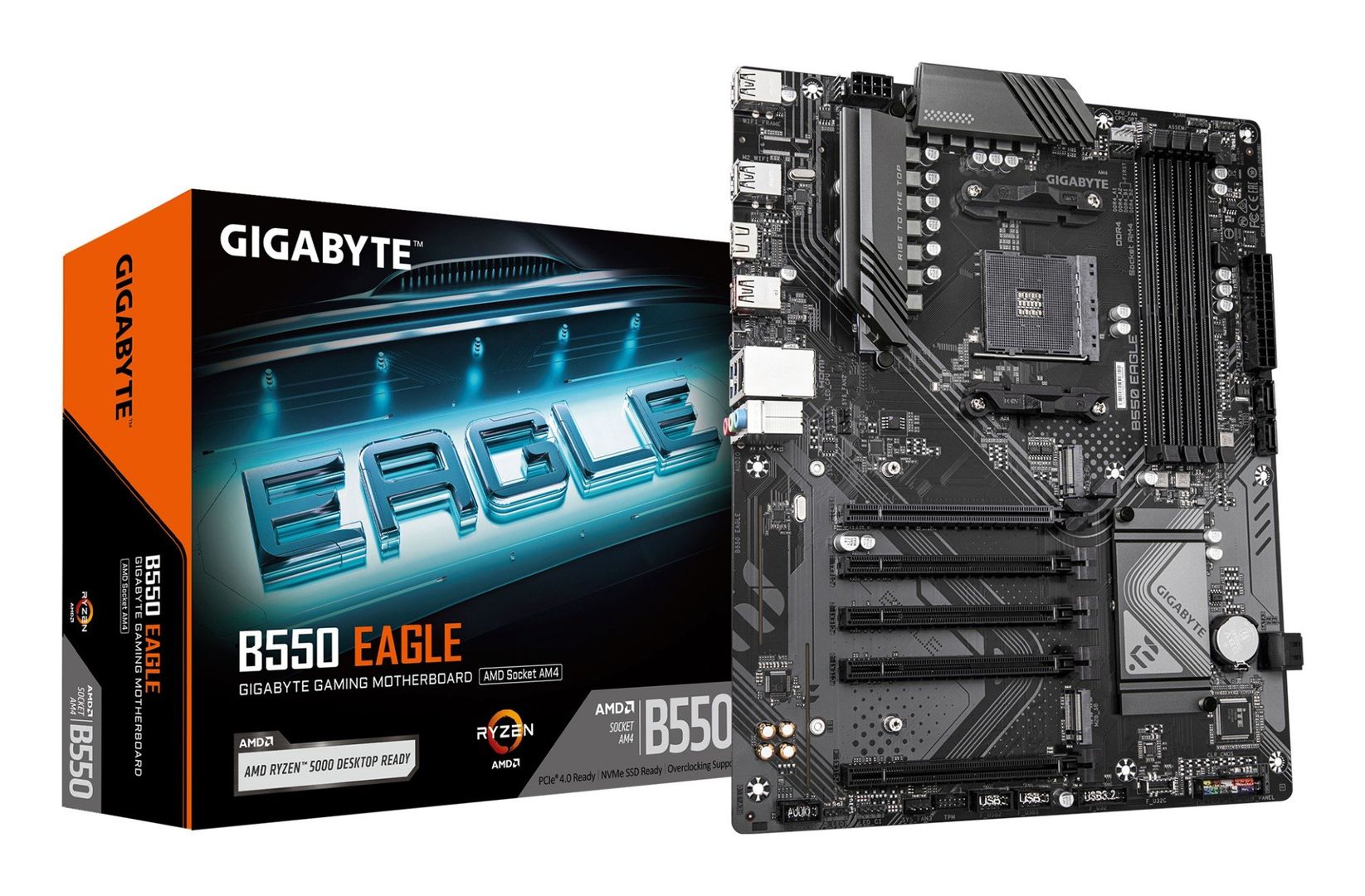 GIGABYTE B550 EAGLE Motherboard - AMD Ryzen 5000 G-Series CPUs, 10+3+1 Phases VRM, up to 3200MHz DDR4, 1xPCIe 4.0 + 1xPCIe 3.0 M.2, 1GbE LAN, USB 3.2 Gen 2 - Image 1