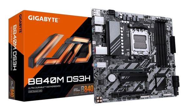 GIGABYTE B840M DS3H Motherboard - AMD Ryzen 9000 CPUs. 8+2+2 Phases VR