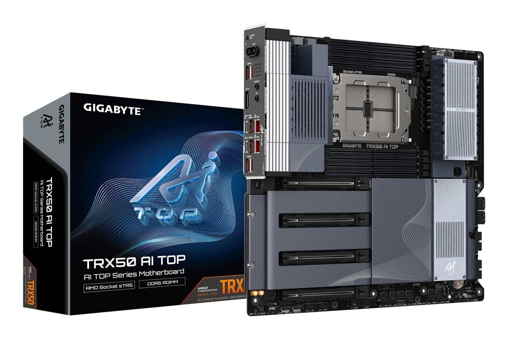 GIGABYTE TRX50 AI TOP-2B Motherboard - AMD Ryzen Threadripper PRO 7000 CPUs, 16+8+4 Phases Digital VRM, up to 5200 MHz DDR5, 4xPCIe 5.0 M.2, Wi-Fi 7, 10 GbE LAN, USB 4 - Image 1