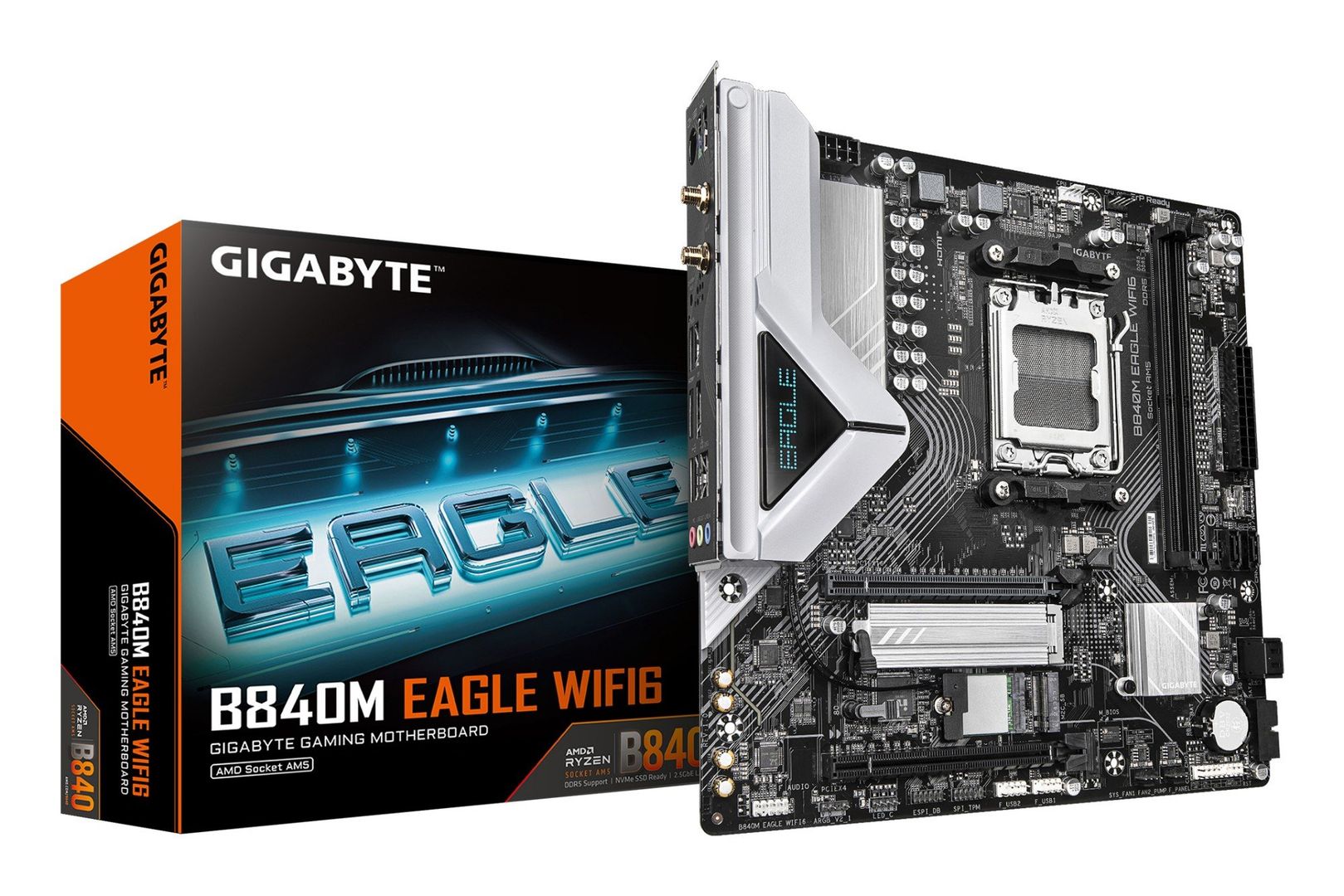 GIGABYTE B840M EAGLE WIFI6 Motherboard - AMD Ryzen 9000 CPUs, 5+2+2 Phases VRM, up to 7600MHz DDR5(O.C), 1xPCIe 4.0 + 1xPCIe 3.0 M.2, Wi-Fi 6, 2.5GbE LAN, USB 3.2 Gen 1 - Image 1