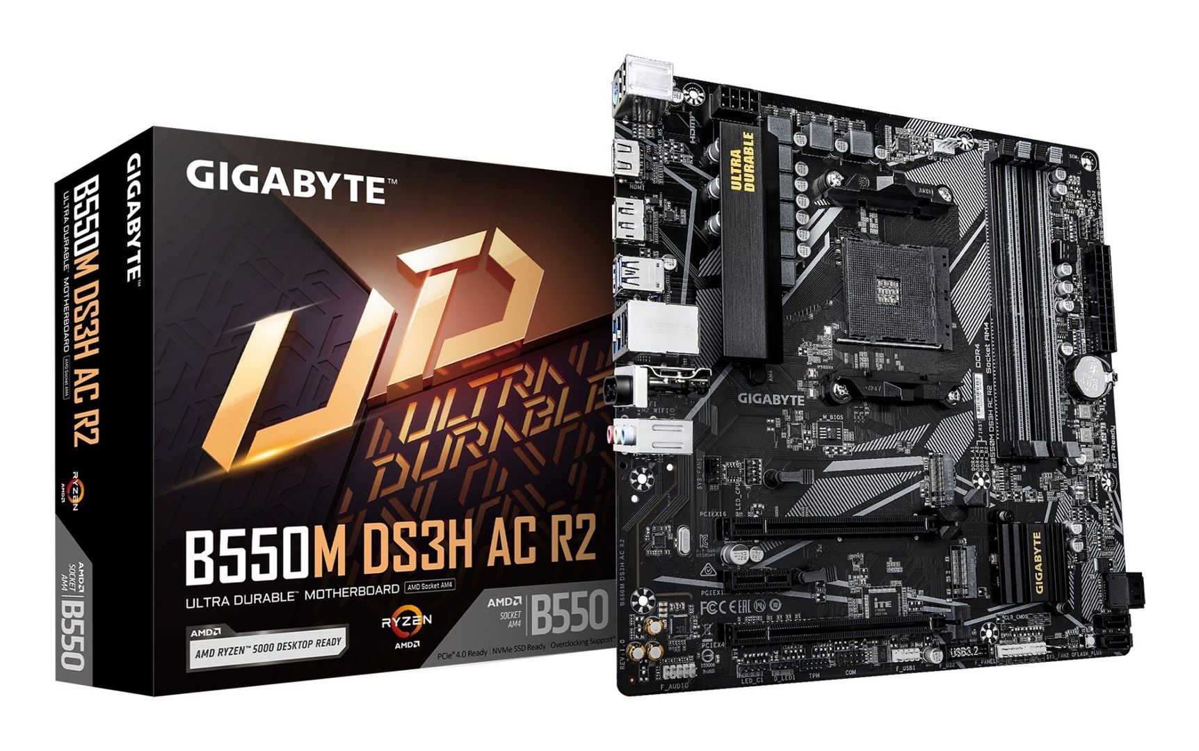 GIGABYTE B550M DS3H AC R2 Motherboard - AMD Ryzen 5000 CPUs, 5+3 Phases VRM, up to 4733MHz DDR4 (O.C.), 1xPCIe 4.0 + 1xPCIe 3.0 M.2, Wi-Fi 5, 1GbE LAN, USB 3.2 Gen 1 - Image 1