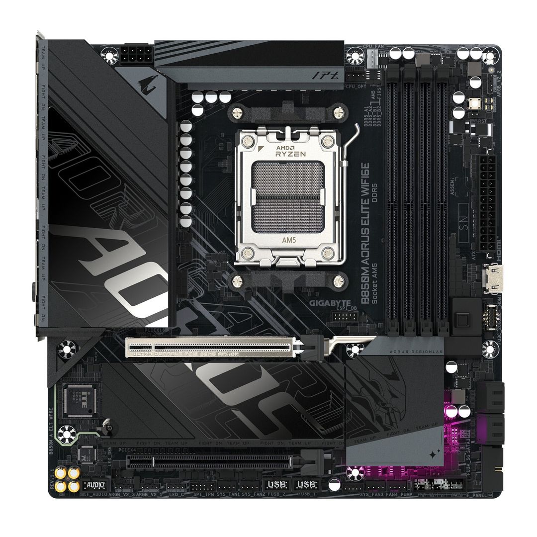 GIGABYTE B850M AORUS ELITE WIFI6E Motherboard - AMD Ryzen 9000 Series CPUs, 12+2+2 Phases Digital VRM, up to 8200MHz DDR5 (OC), 1xPCIe 5.0 + 1xPCIe 4.0 M.2, WIFI 6E, 2.5GbE LAN, USB 3.2 Gen 2 - Image 1