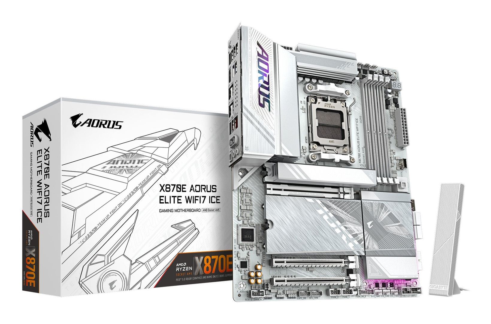 GIGABYTE X870E AORUS ELITE WIFI7 ICE Motherboard - Supports AMD Ryzen 9000 CPUs, 16+2+2 Phases Digital VRM, up to 8200Hz DDR5 (OC), 3xPCIe 5.0 + 1xPCIe 4.0, Wi-Fi 7, 2.5GbE LAN, USB 4 - Image 1