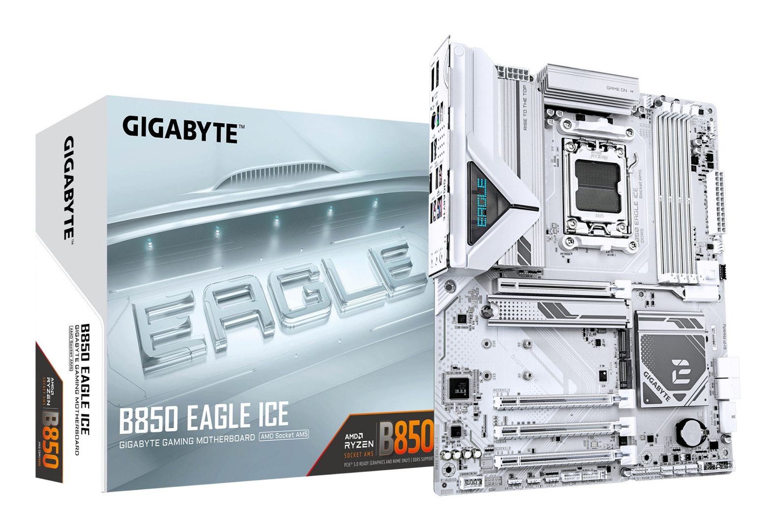GIGABYTE B850 EAGLE ICE Motherboard - AMD Ryzen 9000 Series CPUs, 8+2+2 Phases Digital VRM, up to 8200MHz DDR5 (O.C), 1xPCIe 5.0 + 2xPCIe 4.0 M.2, 2.5 GbE LAN, USB 3.2 Gen 2 - Image 1