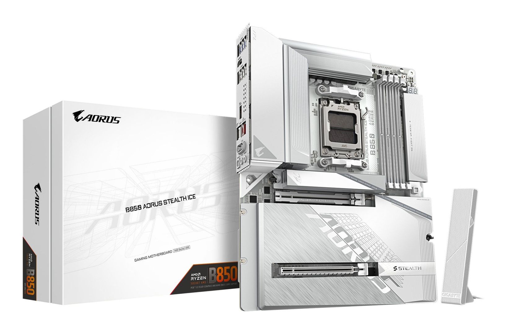 GIGABYTE B850 AORUS STEALTH ICE Motherboard - AMD Ryzen 9000 Series CPUs, 14+2+2 Phases Digital VRM, up to 8200MHz DDR5 (OC), 2xPCIe 5.0 + 2xPCIe 4.0 M.2, WIFI 7, 5 GbE LAN, USB 3.2 Gen 2 - Image 1