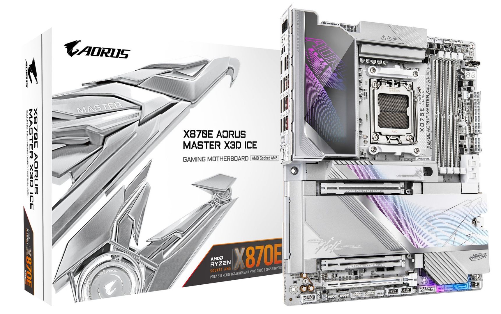 GIGABYTE X870E AORUS MASTER X3D ICE Motherboard - Supports AMD Ryzen 9000 CPUs, 18+2+2 Phases Digital VRM, up to 9000Hz DDR5 (OC), 2xPCIe 5.0 + 3xPCIe 4.0, Wi-Fi 7, 10GbE LAN, USB 4 - Image 1