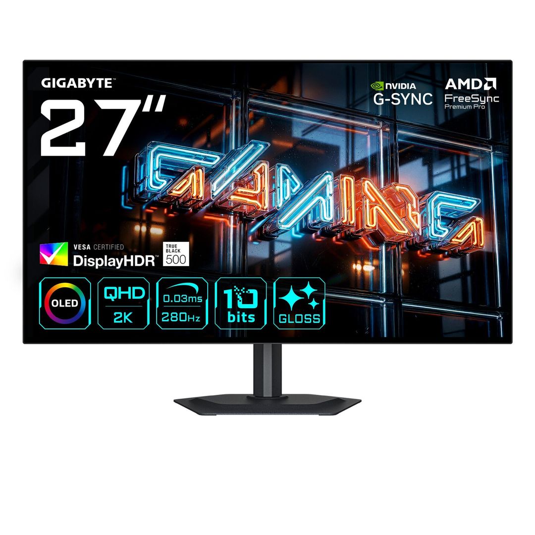 GIGABYTE MO27Q28GR 27” Glossy WOLED QHD Gaming Monitor - 2560 x 1440, 280Hz, 0.03ms, 335 cd/m², Display HDR True Black 500, HDMI 2.1, Displayport 1.4 - Image 1