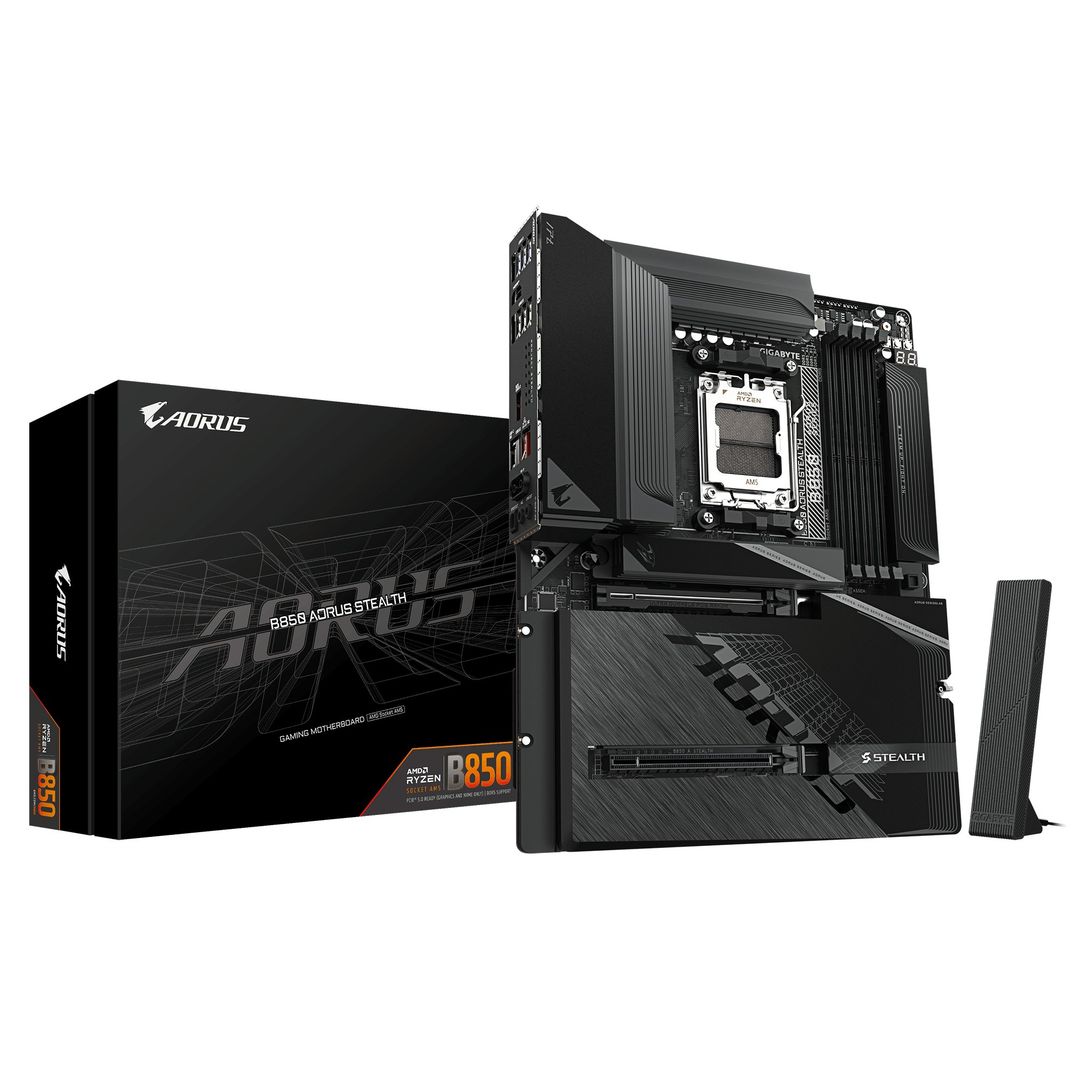 GIGABYTE B850 AORUS STEALTH Motherboard - AMD Ryzen 9000 Series CPUs, 14+2+2 Phases Digital VRM, up to 8200MHz DDR5 (OC), 2xPCIe 5.0 + 2xPCIe 4.0 M.2, WIFI 7, 5 GbE LAN, USB 3.2 Gen 2 - Image 1
