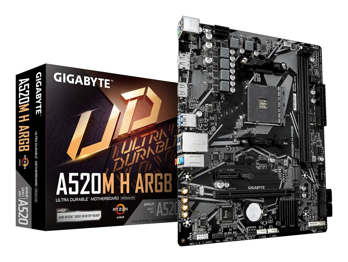 GIGABYTE A520M H ARGB Motherboard - Supports AMD Ryzen 5000 Series CPUs, up to 5100MHz DDR4 (OC), PCIe 3.0 x4 M.2, 1 GbE LAN, USB 3.2 Gen 1 - Image 1