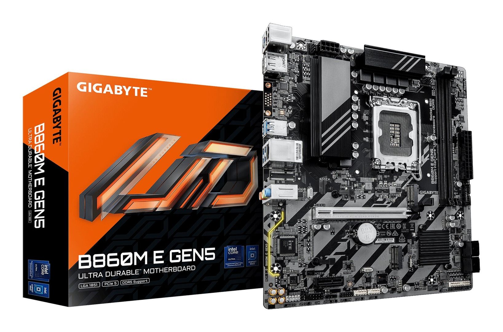 GIGABYTE B860M E GEN5 Motherboard - Intel Core Ultra Series CPUs, 4+1+2 Phases VRM, up to 8800MHz DDR5 (O.C.), 2xPCIe 4.0 M.2, 1GbE LAN, USB 3.2 Gen 1 - Image 1