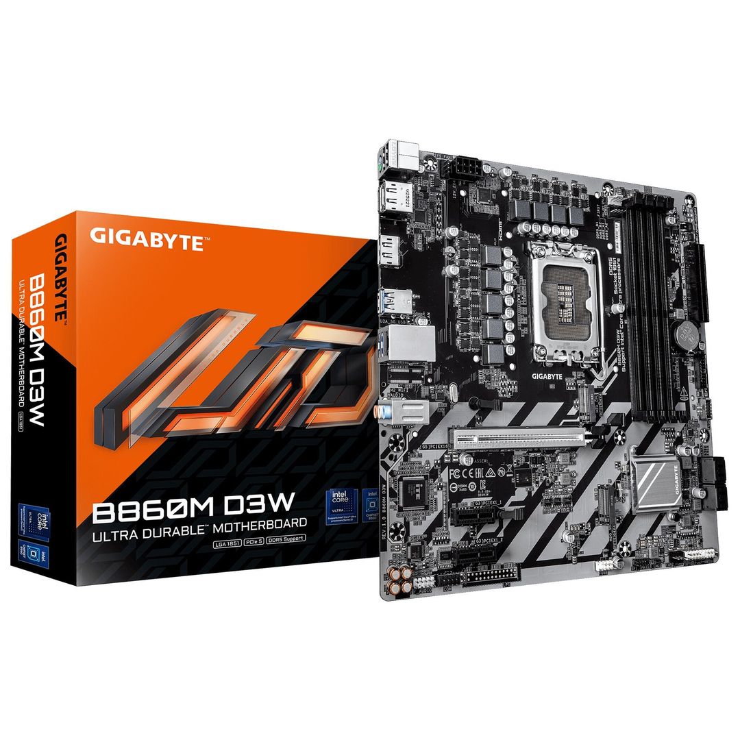 GIGABYTE B860M D3W Motherboard - Intel Core Ultra Series CPUs, 4+1+2 Phases VRM, up to 9066MHz DDR5, 2xPCIe 4.0 M.2, 1GbE LAN, USB 3.2 Gen 1 - Image 1
