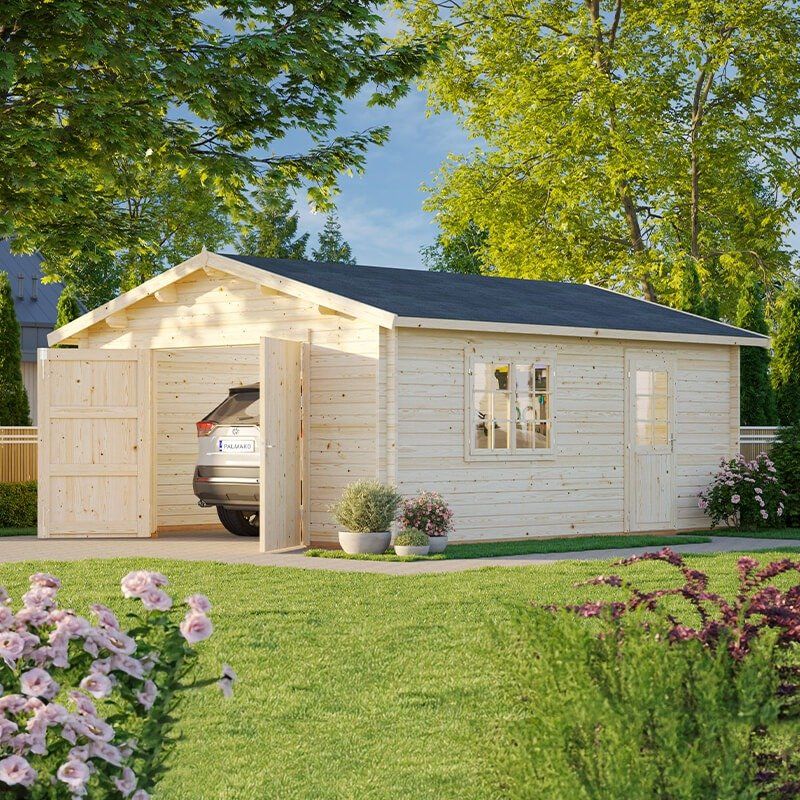 Palmako Roger 4.5m x 5.5m Extra Wide Log Cabin Single Garage (44mm) - Double Doors - Image 1