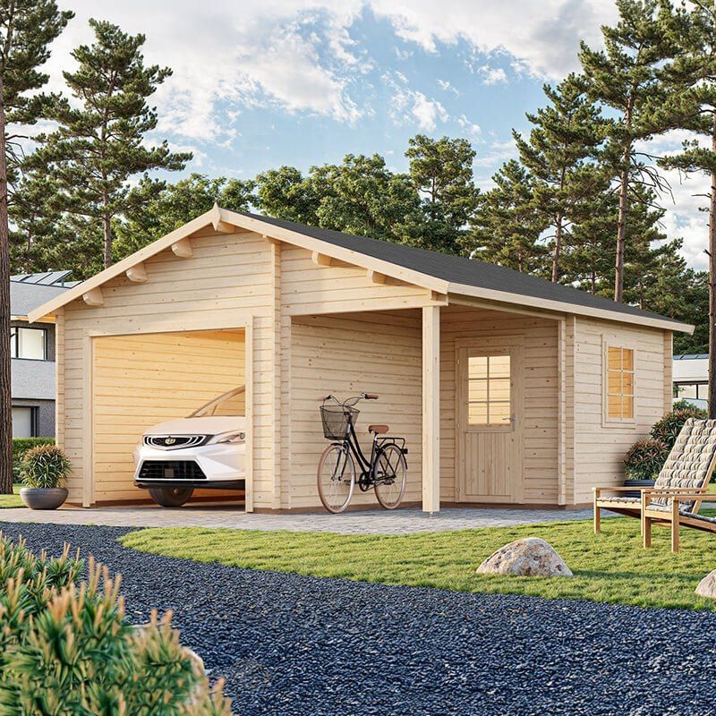 Palmako Roger 5.1m x 5.5m Log Cabin Garage (44mm) - Double Doors - Image 1
