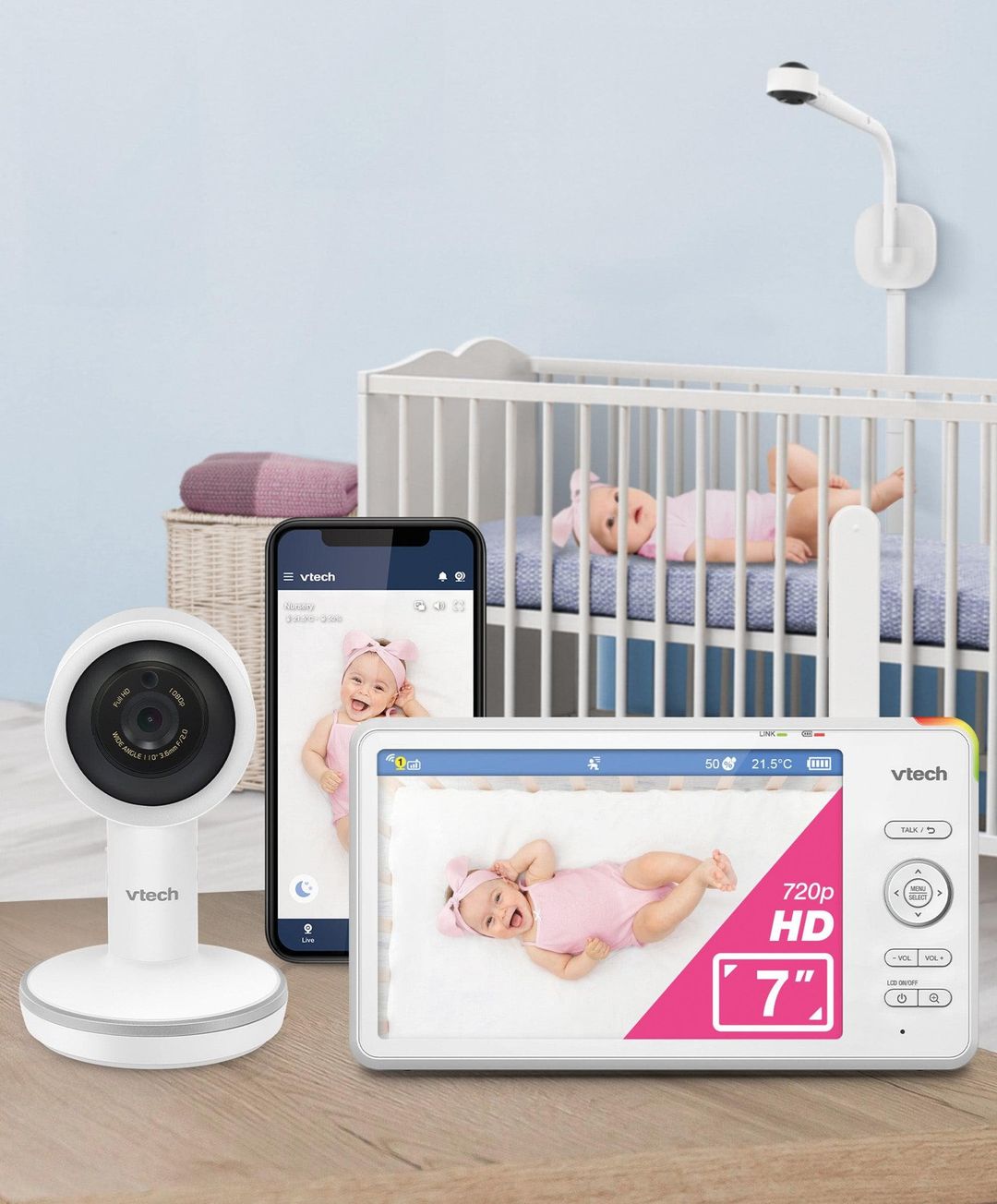 VTECH RM7787HD 7" Full HD Over-The-Cot WiFi Baby Monitor - White - Image 1