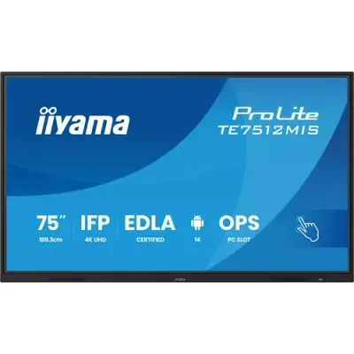 iiyama TE7512MIS-B4AG Signage Display Interactive flat panel 190.5 cm (75") LCD Wi-Fi 400 cd/m 4K Ultra HD Black Touchscreen Built-in processor Android 24/7