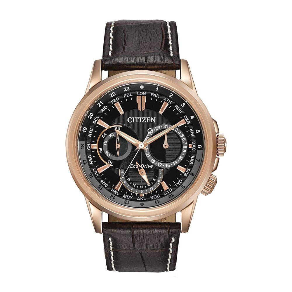 Citizen Mens Calendrier Rose Gold Plated Black Day Date Dial Brown Leather Strap Watch BU2023-04E - Image 1