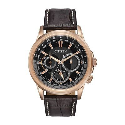 Citizen Mens Calendrier Rose Gold Plated Black Day Date Dial Brown Leather Strap Watch BU2023-04E