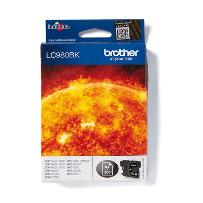 Brother LC980BK. Black ink type: Pigment-based ink Supply type: Single pack Printing colours: Black Quantity per pack: 1 pc(s) Black ink page yield: 300 pages