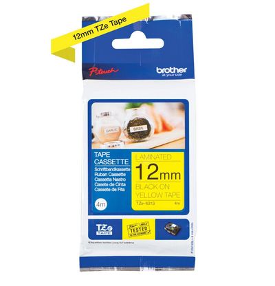 Brother TZE631S. Label colour: Black on yellow Tape type: TZe Country of origin: Philippines. Tape width: 1.2 cm Tape length: 4 m Width: 17 mm. Pallet gross height: 16.2 cm Master (outer) cases per pallet: 36 pc(s) Layers per pallet: 6 pc(s)