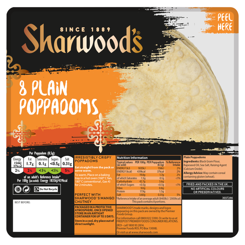 Sharwood's 8 Plain Poppadoms - Image 1
