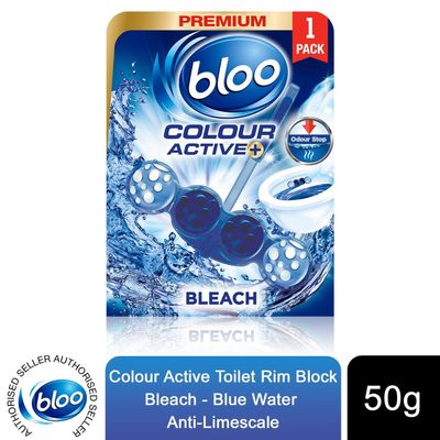 Bloo Colour Active Toilet Anti-Limescale Odour Stop Bleach Rim Block 50g - Blue