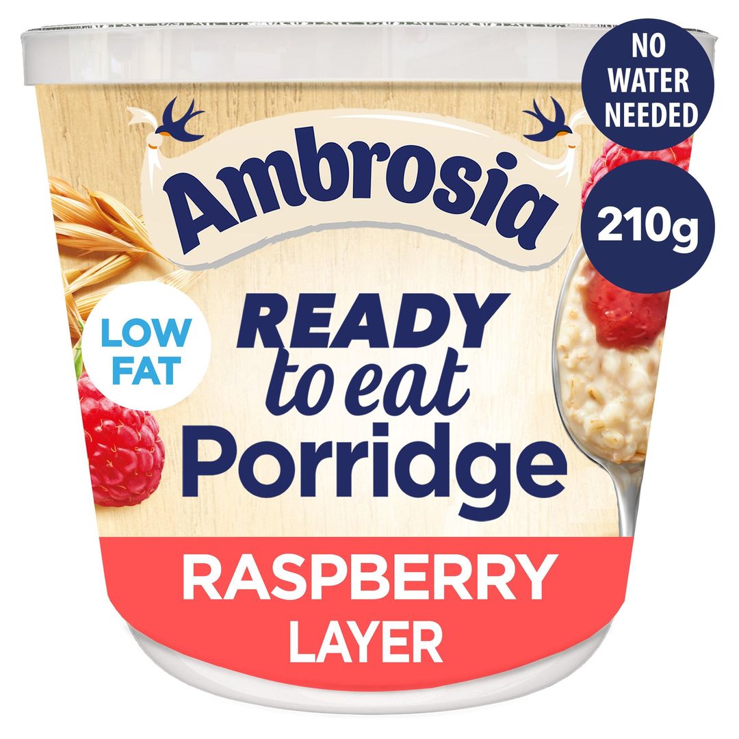 Ambrosia Ready to Eat Porridge Oat Cereal Pot Raspberry Layer 210g - Image 1