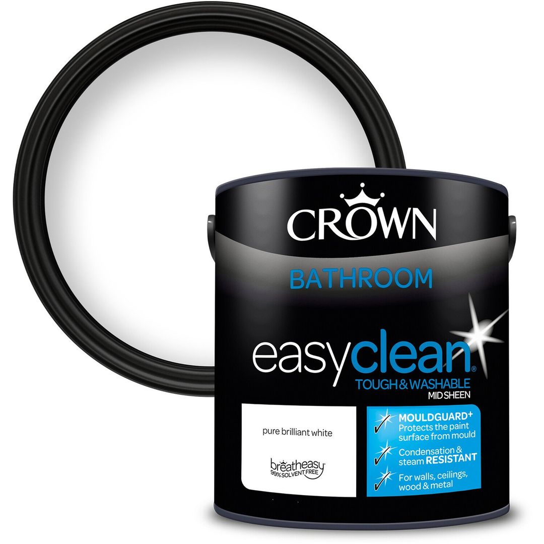 Crown Easyclean Mid Sheen Bathroom Paint - Pure Brilliant White / 2.5l - Image 1