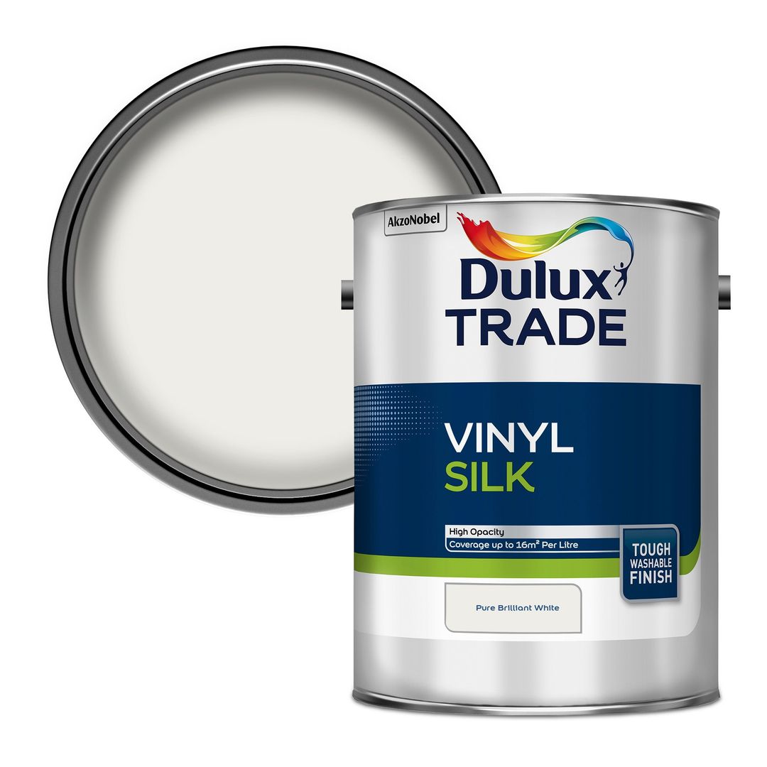 Dulux Trade Vinyl Silk Paint 5L Pure Brilliant White - Image 1