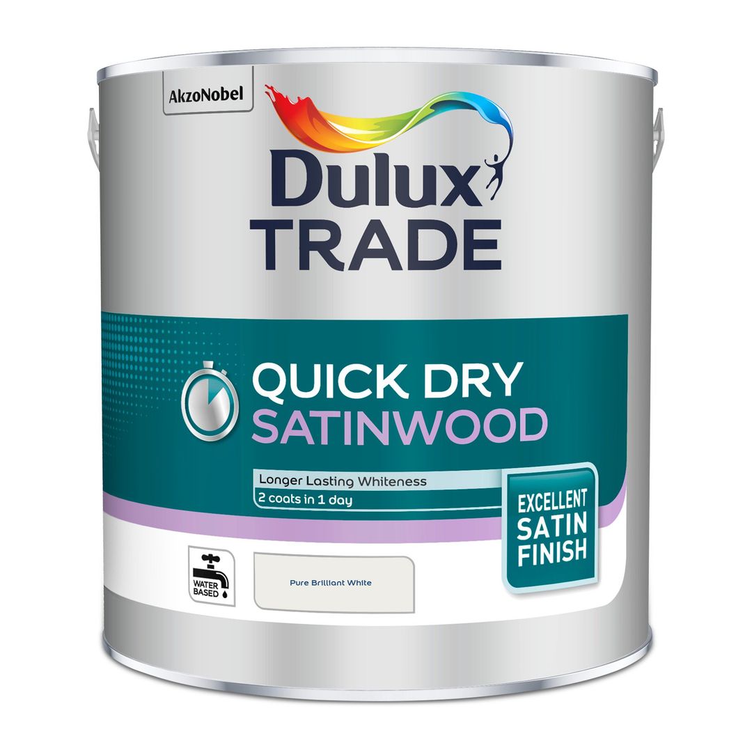 Dulux Trade Quick Dry Satinwood 2.5L Pure Brilliant White - Image 1