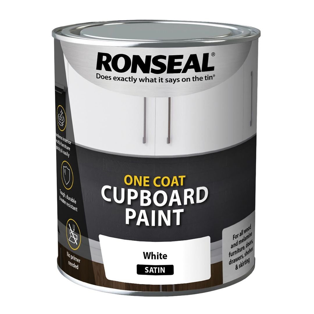 Ronseal 37489 One Coat Cupboard Paint White Satin 750Ml - Image 1
