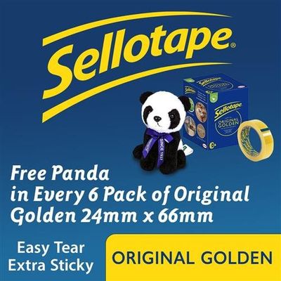 Sellotape Original Easy Tear Extra Sticky Golden Tape 24Mm X 66M (Pack 6) With Free Panda - 2974501