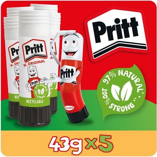Pritt Original Glue Stick Sustainable Long Lasting Strong Adhesive Solvent Free Value Pack 43g (Pack 5) - 1456072 - Image 1