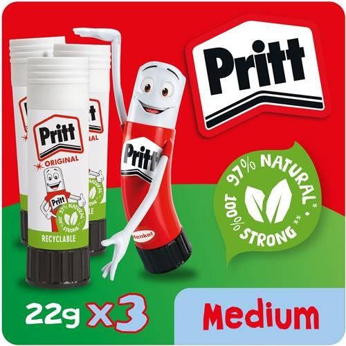 Pritt Original Glue Stick Sustainable Long Lasting Strong Adhesive Solvent Free 22g Medium (Pack 3) - 2760891 - Image 1