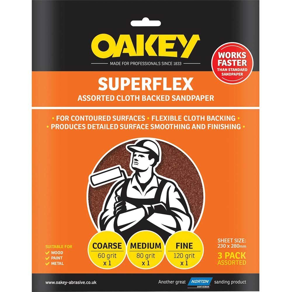 Oakey 63642526734 Superflex Cloth Backed Aluminium Oxide Sheets 230 X 280Mm Assorted (3) - Image 1